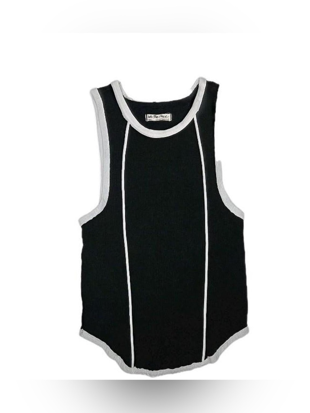 We The Free black cotton blend tank top with white piping trim details.